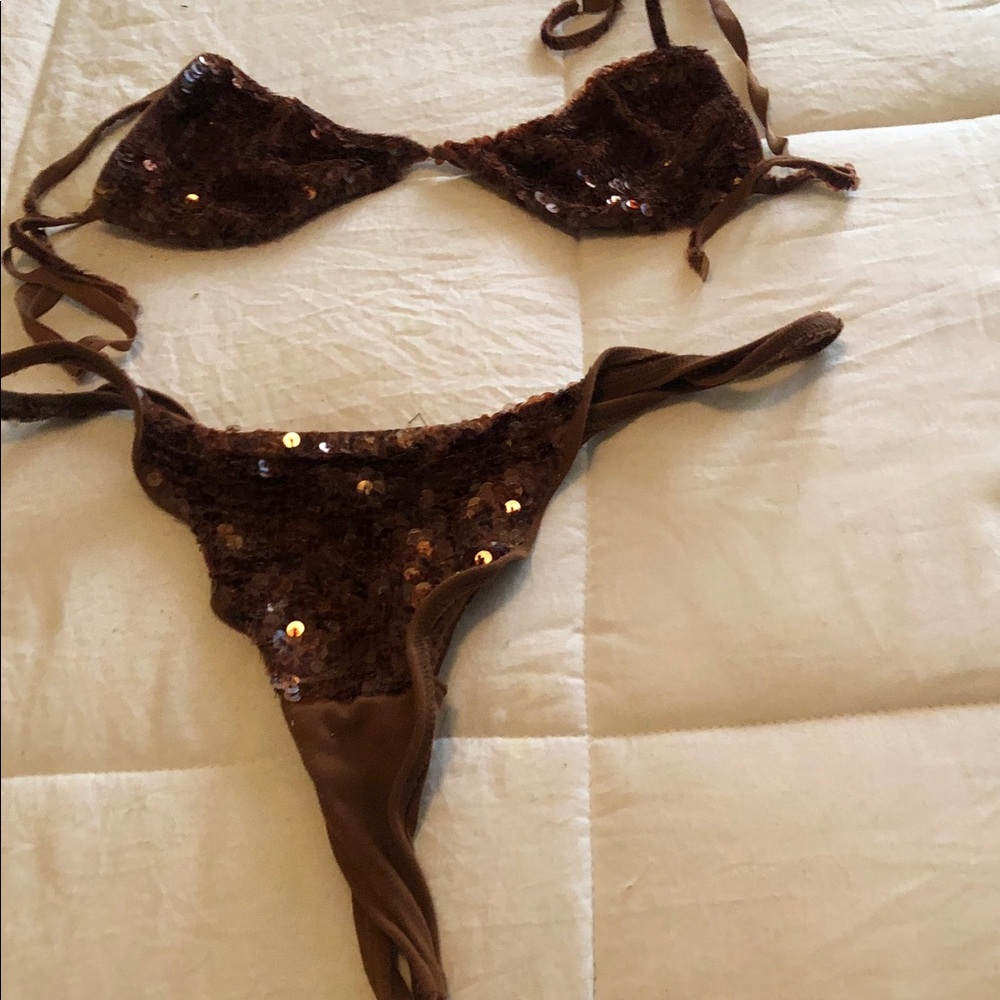 Sequin Triangle Bikini Set - Brown